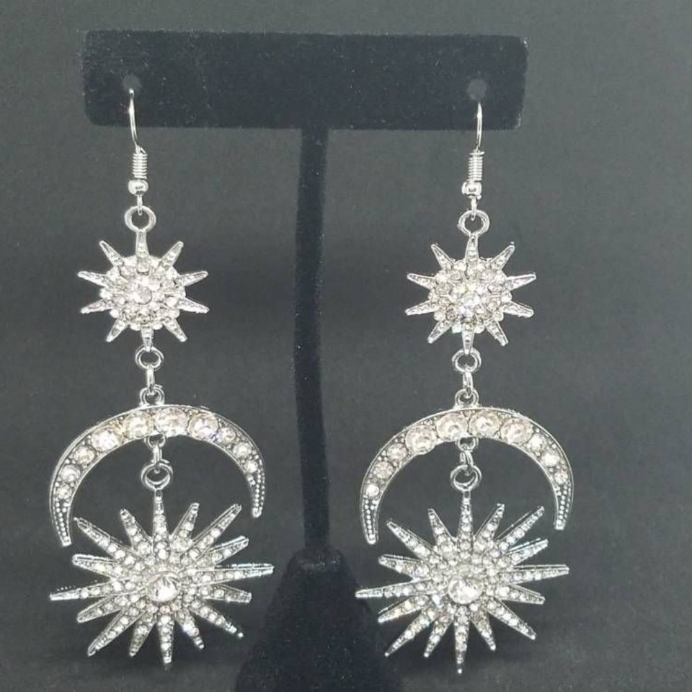 Starburst Sun Moon Silver Earrings